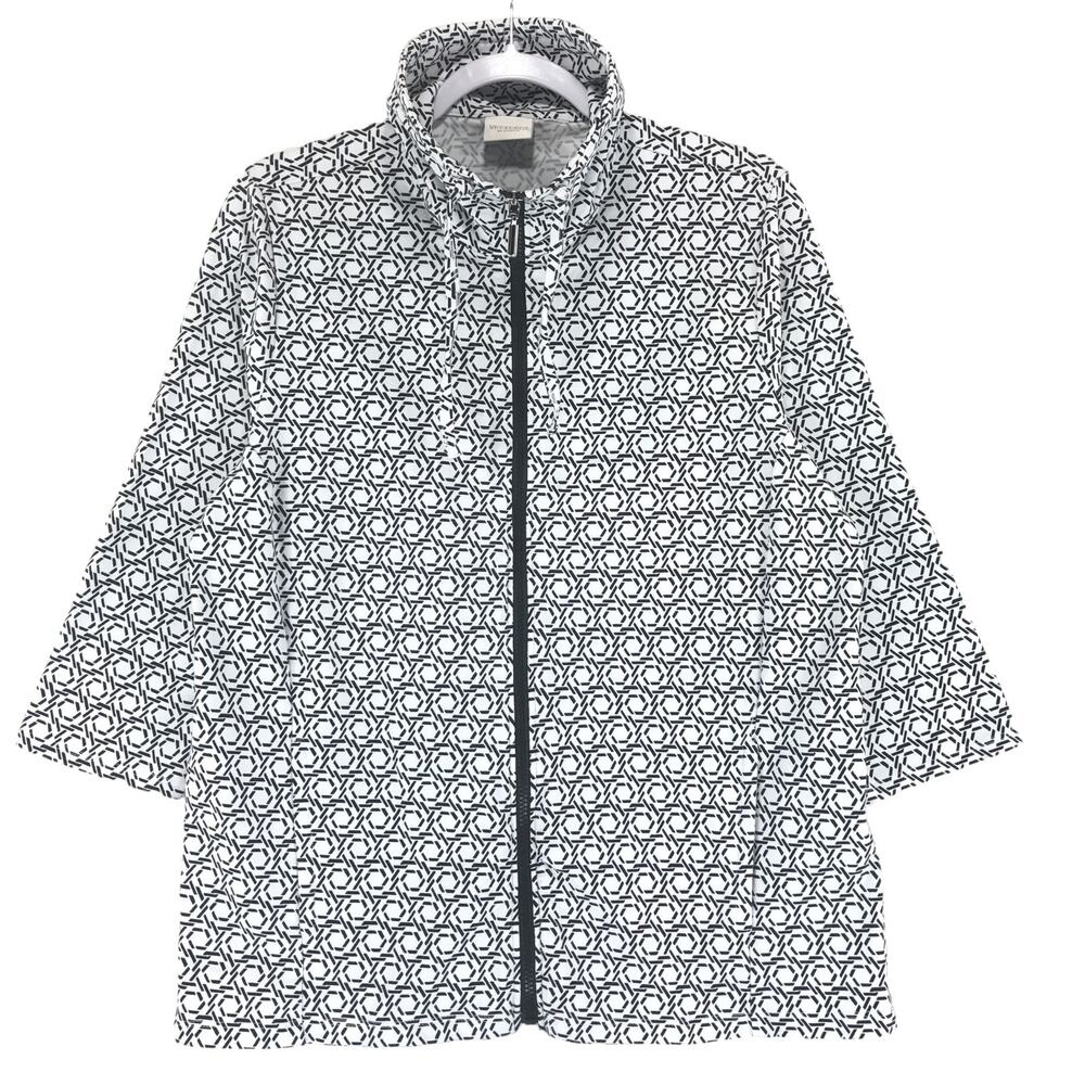 Weekends by Chicos Women's 1 (M) Full Zip Knit Jacket White Black 3/4 Sleeve